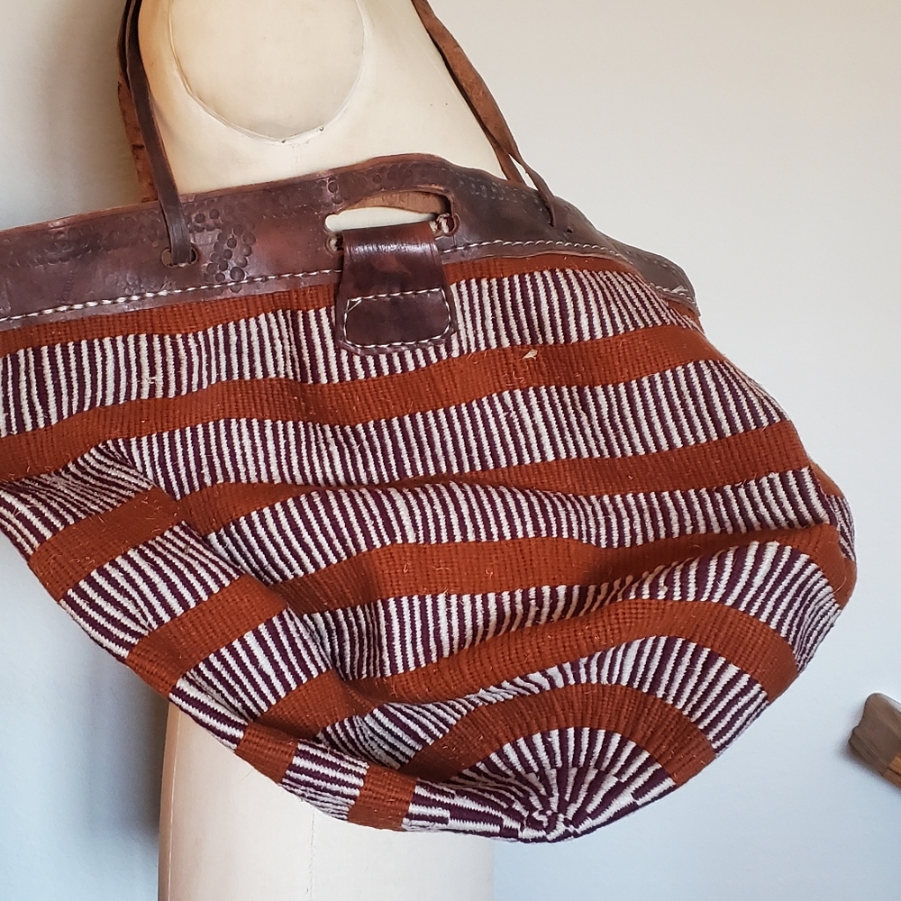 Large heavy duty cloth Bag with leather trim/strap
